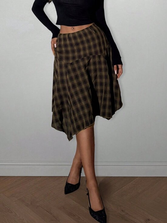 Dresses & Skirts - Multicolor Casual Women's Plaid Asymmetric Hem Skirt